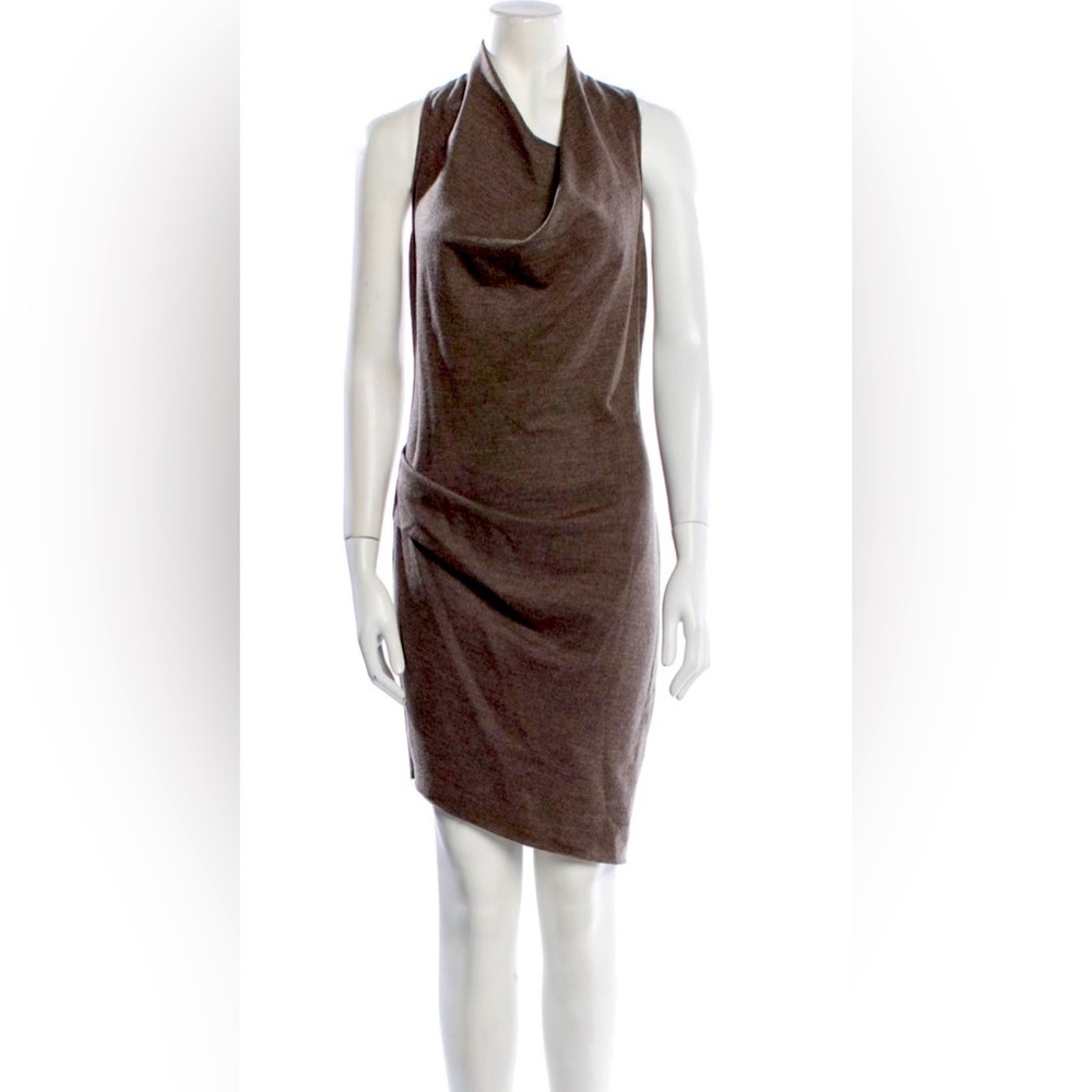EUC Helmet Lang wool sheath asymmetrical dress medium sleeveless cowlneck